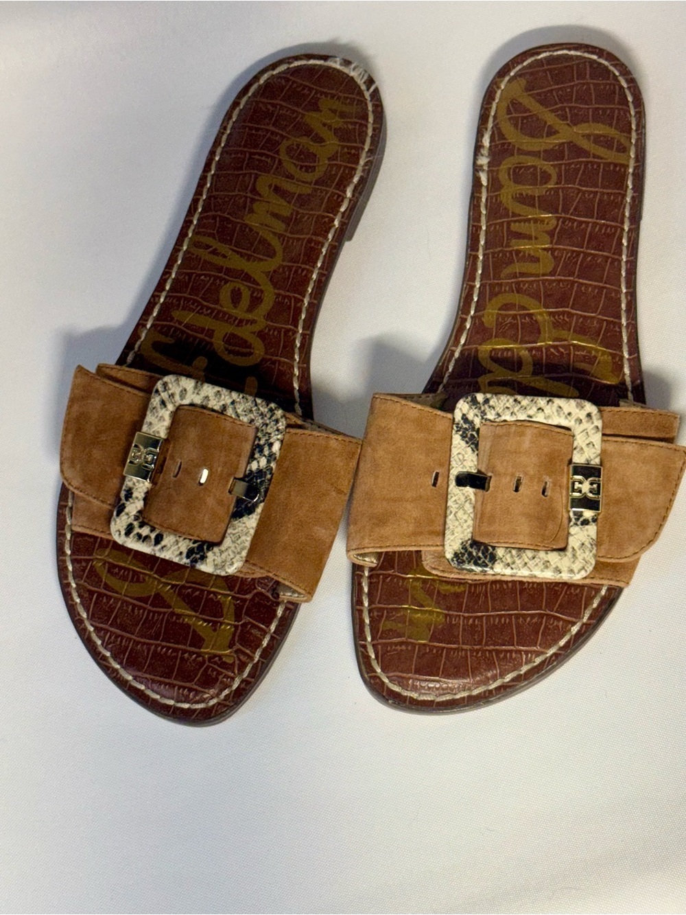Sam Edelman Tan Suede Slide Sandals with Snakeskin Buckle